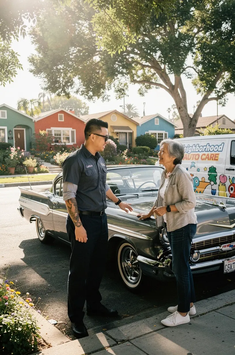 Mechanic explaining repair options and costs to a vehicle owner at a home location.