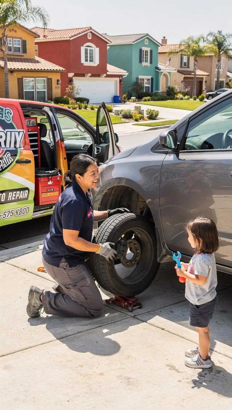 Mobile mechanic conducting routine maintenance service on an SUV in an urban setting.