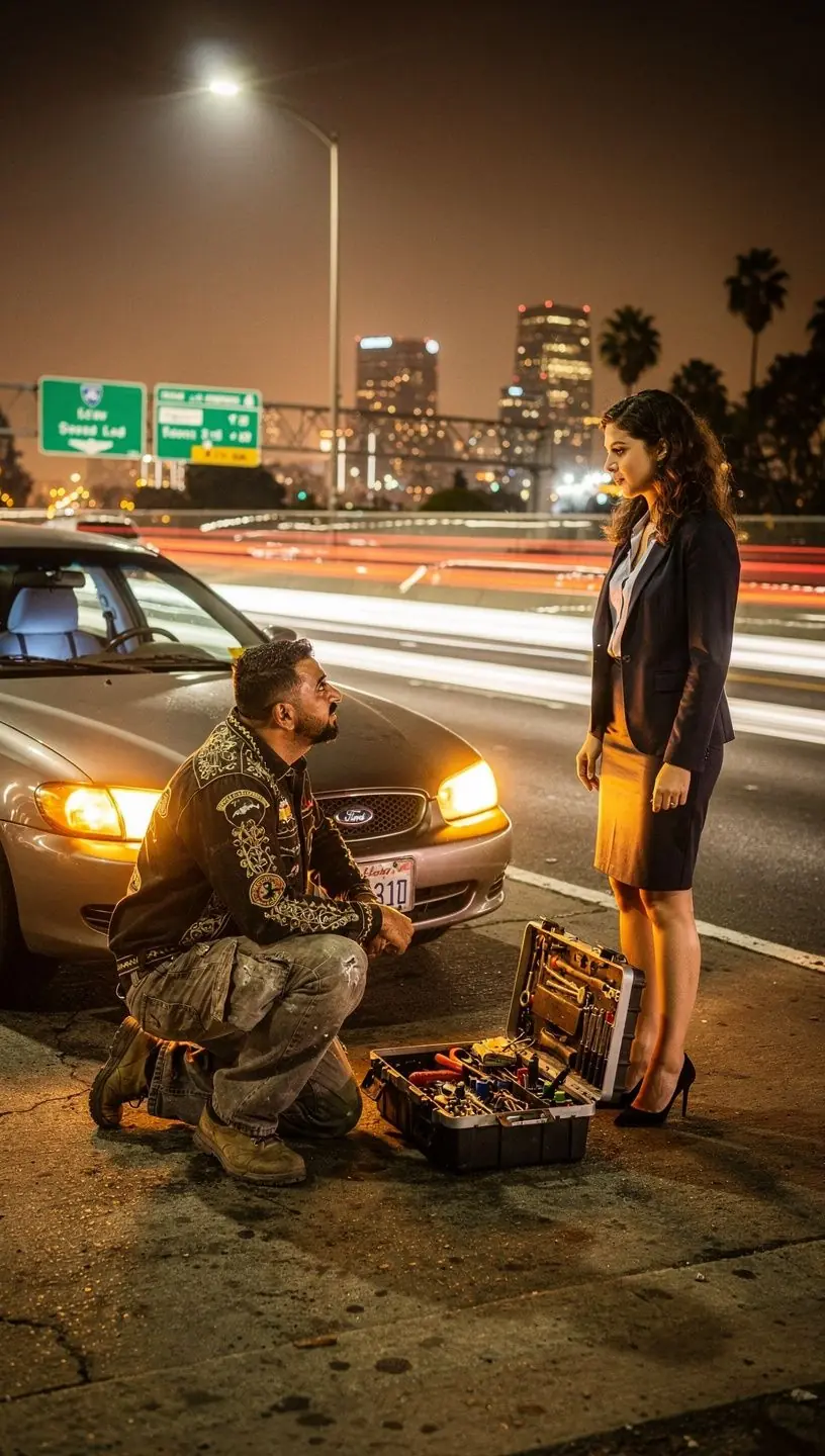 Emergency vehicle repair specialist fixing a flat tire on a busy Los Angeles street.