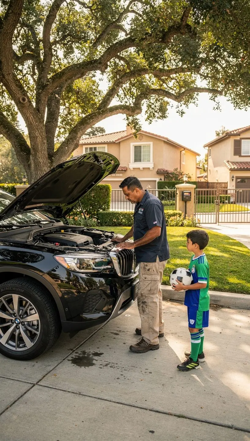Technician using advanced diagnostic tools on a car engine during on-site repair in Los Angeles.