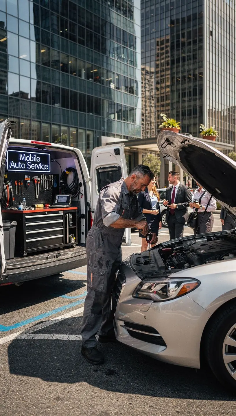 Mobile mechanic inspecting car battery and electrical system outdoors for emergency support.