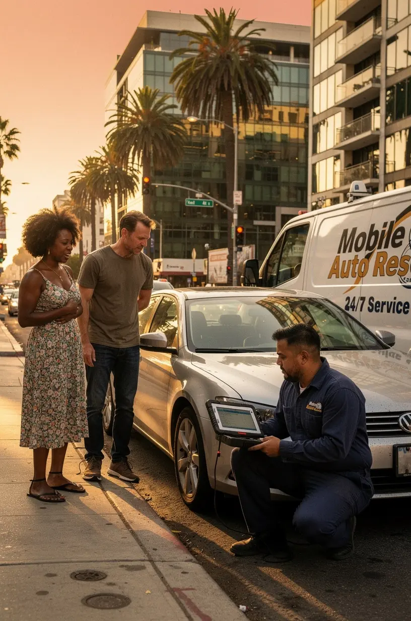 Professional mechanic replacing brake pads on a vehicle in a Los Angeles parking lot.